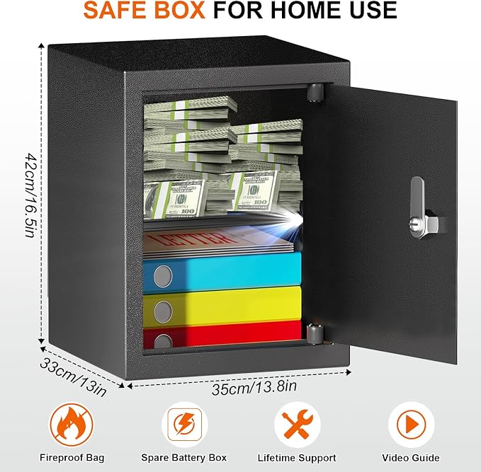 2.6 Cubic Feet Fireproof Safe Box with Key Lock, Hidden Steel Security Box with Removable Shelf for Cash, Documents and Passports, Personal Safes for Home/Office, 13.78" W x 12.99" D x 16.54" H
