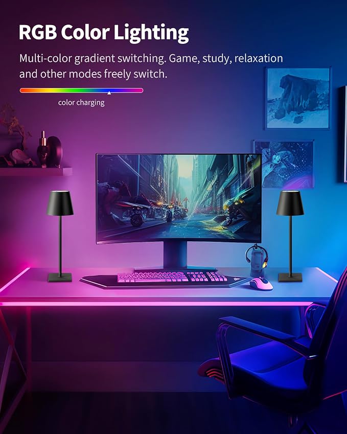 KDG 2 Pack Cordless Black Table Lamps, RGB Color Stepless Dimming Desk Lamp | 4000mAh Battery Operated Rechargeable Portable LED for Restaurant, Bedroom, Outdoor Garden, Camping, Coffee Shop, Nightlight
