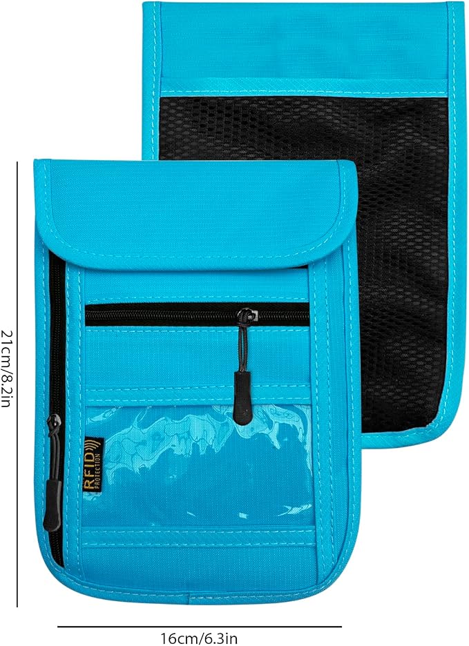 RFID Blocking Travel Neck Wallet Pouch and Passport Holder, Travel Neck Pouch Passport Holder for Women & Men - Light Blue