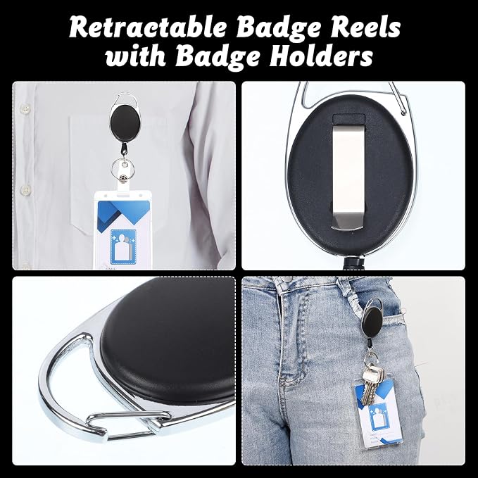 2 Set Badge Holder Retractable Clip Heavy Duty Reels with Clear Vertical ID Card Badge Holders Thumb Slots Hard Transparent PC Case for Work Office