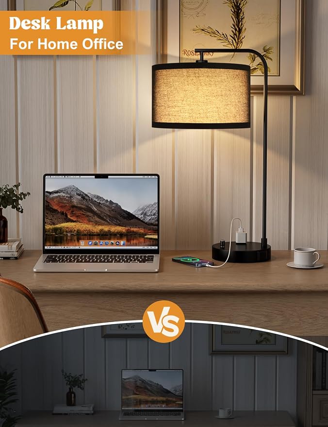 Innqoo Black Table Lamp for Bedroom with USB Port and Outlet, Dimmable Nightstand Bedside Lamps with Linen Lampshade, Desk Lamp for Home Office, Living Room, Guest Room, LED Bulb Included