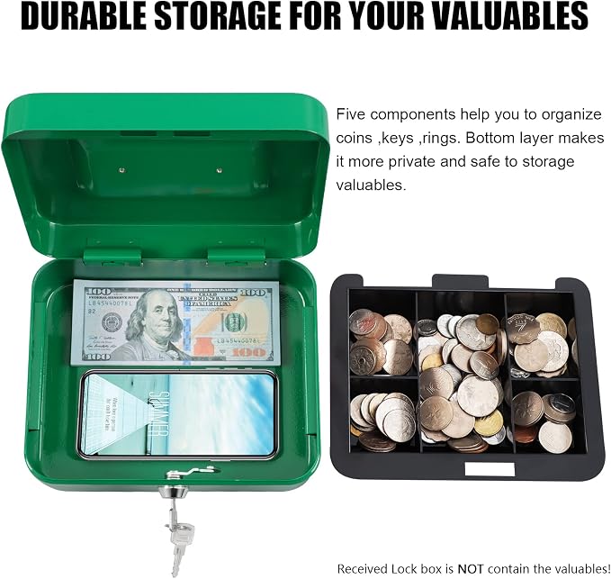 KYODOLED Medium Cash Box with Money Tray,Small Safe Lock Box with Key,Cash Drawer,7.87"x 6.30"x 3.54" Green Medium