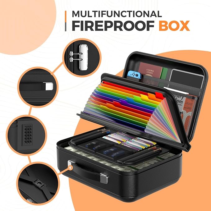 Fireproof Document Box, Waterproof Safe Box with Combination Lock | Upgraded Fireproof, Water-Resistant Document Organizer Box with Multi-Compartment Storage for Home, Office, and Travel Use