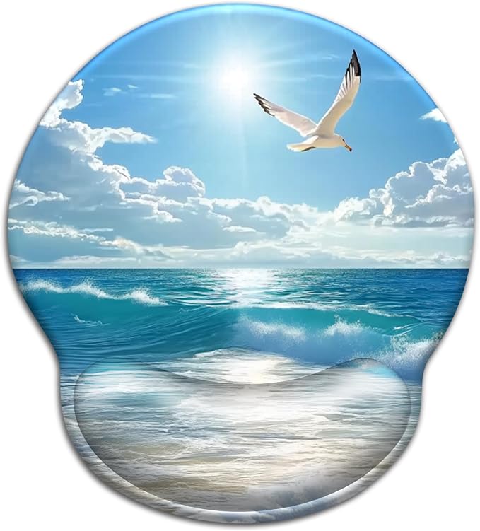 LIMKRIAN Beach Ocean Ergonomic Mouse Pad with Gel Wrist Rest, 9.8 x 8.6 in | Comfort Ergonomic Wrist Support, Non-Slip PU Base, Pain Relief, Funny Computer Mousepad, Cute Office Desk Accessories Decor