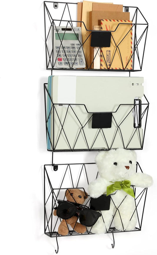 Hanging Wall File Holder Wall Mount Metal Wall File Organizer 3 Pockets Mail Organizer with Hooks for Office Home,Black