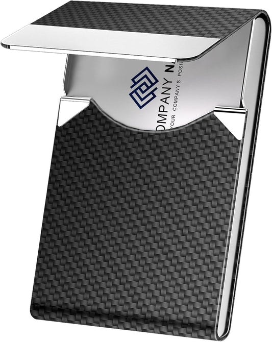 Business Card Holder, Metal Slim Business Card Case, Pocket Card Holder for Women or Men, PU Leather Business Card Holder Case RFID Blocking Name Card Holder with Magnetic Closure, Black Carbon