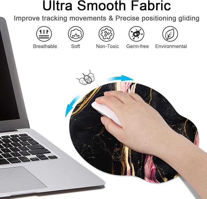 Ergonomic Mouse Pad Set with Wrist Rest, Marble Black | Pink Gold Non-Slip Rubber Base Wrist Cushion Support and Coasters Mousepad with Wrist Support for Computer Keyboard
