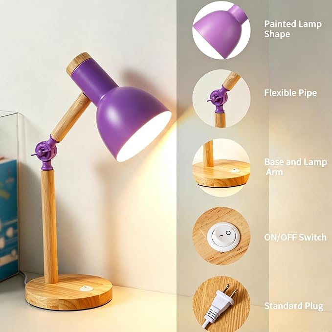 Adjustable Wooden Arm Desk Lamp, Metal Shade Table Lamp | Dorm Lamp,Bedside Lamp,Reading Lamp,Lamp for Home Office