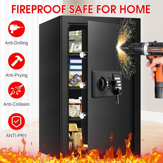 5.2 Cub Large Home Safes Fireproof Waterproof, Anti-theft Fire Safe with Programmable Keypad, Spare Keys and 3 Removable Shelves, Digital Home Security Safe Box for Home Document Money Valuables