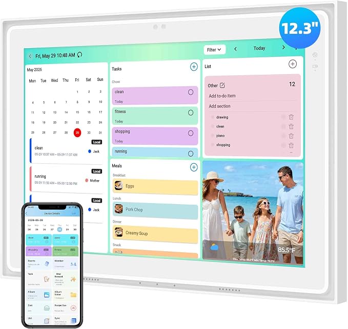 12.3" AI Digital Calendar, Smart Family Calendar Wall Touch Screen, Auto Sync with Google, iCloud & Outlook, Digital Wall Planner, Voice & Video Calling, Shared Tasks & Lists, Weather & Photo Frame