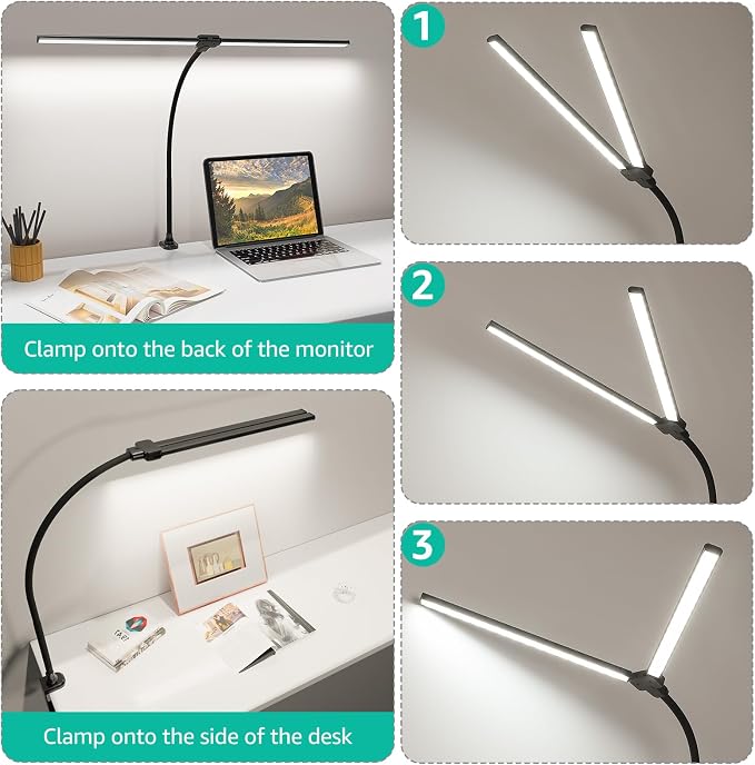 ShineTech LED Desk Lamp for Home Office, 4000K Neutral White Double Head Architect Task Lamps with Clamp, Dimmable Adjustable Flexible,Black