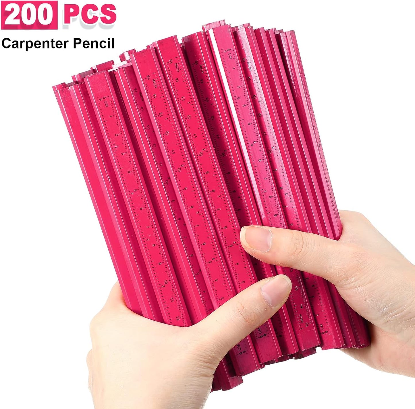 Honoson 200 Pcs Flat Construction Pencils with Printed Ruler Wood Graphite 2 Pcs Carpenter Pencil Sharpener for Woodworking Marking Tool(Pink)