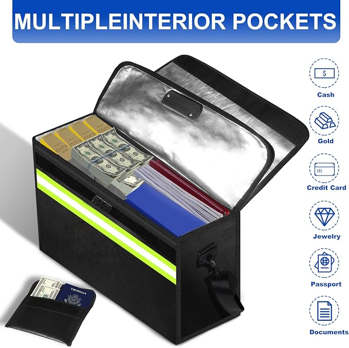 Fireproof Document Bag with Removable Folder Layers/Money Bag,6500°F Fire Proof Bag for Documents with Lock,Portable Home Travel Fire Safe Document Box for Valuables/Cash(14.1x9.5x4.2 inches)