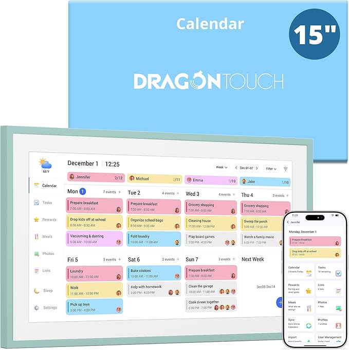 Dragon Touch 15.6 inch Digital Calendar & Chore Chart - Interactive Touchscreen Smart Family Planner,Digital Picture Frame for Mom, Women, Christmas & Weddings Green