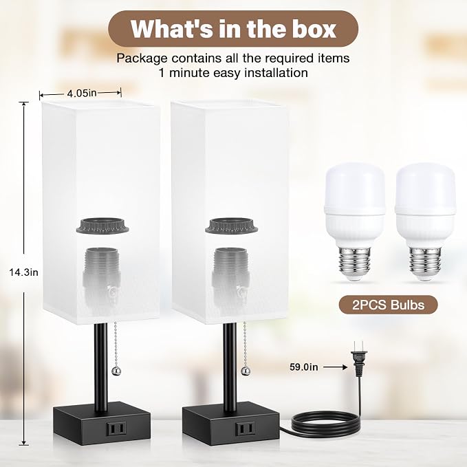 White Bedside Lamps for Bedroom Set of 2 - Small Rectangular Nightstand Lamp with AC Outlet Charging Port, 3 Color Temperatures Desk Light with Bulb, Tabletop Reading Lamp for Living Room/Dorm/Office | AC Outlet, 3 Color Temperatures, LED Bulb Included...