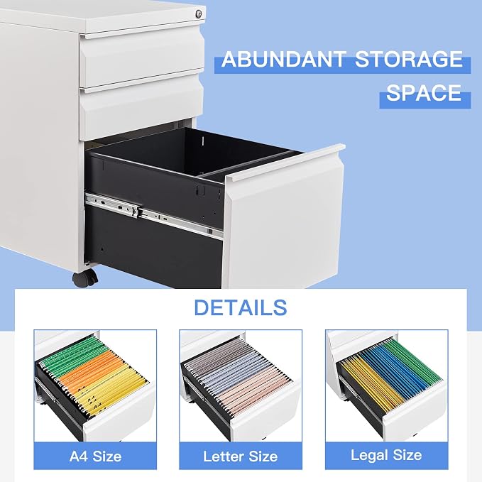 3 Drawer Mobile File Cabinet with Lock, White Under Desk Rolling Filing Cabinet, Metal Locking File Cabinet on Wheels for Legal/Letter/A4 File (Required Assemble)