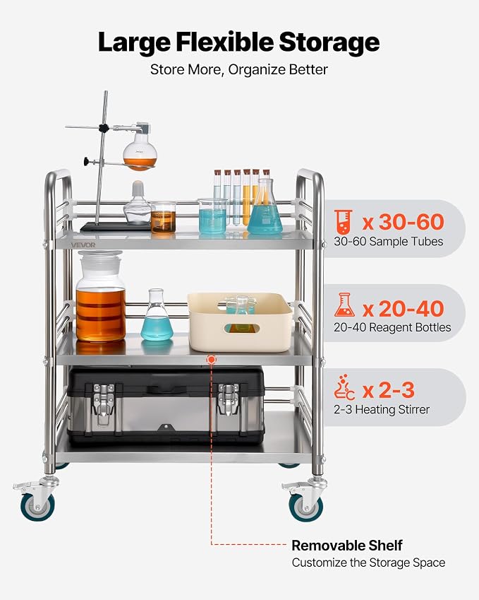 VEVOR Stainless Steel Rolling Cart, 3-Tier Metal Utility Cart with Lockable Wheels, Medical Serving Trolley Clinic Tray, Mobile Service Cart for Hospital, Lab, Restaurant, Kitchen, Salon
