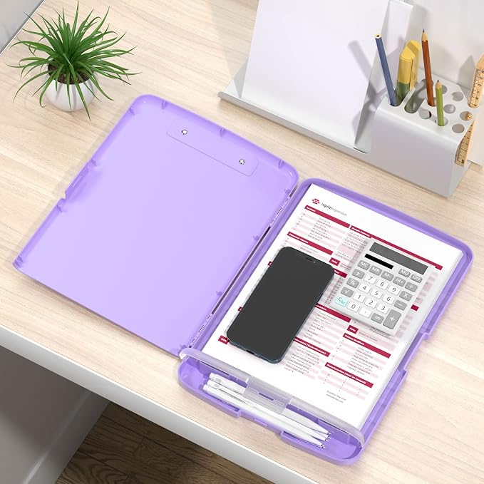 Rimilak Clipboard with Storage, 8.5 x 11'' High Capacity Clip Board, Purple | Smooth Writing, Side-Opening Plastic Folder with Pen Holder, Size 14.2 x 9.6 x 1.2″ ,for Classroom, Teacher, Student