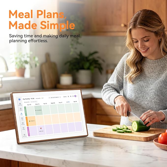 15.6" Smart Digital Calendar - No Subscription Family Hub with Calendar Sync, Meal Planner, Photo & Video Display, Touch Screen, Wall & Desk Mount, Gifts for Women Men (Walnut)