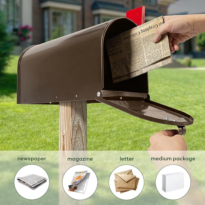 Brown Mailboxes for Outside, RAINHOL Post Mount Mailbox, Galvanized Steel Medium Capacity Mail Boxes, 19 x 8.7 x 6.7 Inches