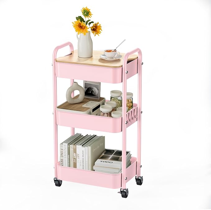 3-Tier Rolling Cart with Table Top, Metal Utility Cart on Wheels | Sturdy Storage Organizer Cart with Lockable Wheels&Hooks for Craft, Office, Classroom, Kitchen and Bathroom, Pink