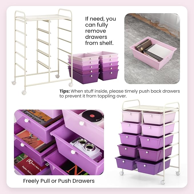 BECOMFORT 10-Drawer Rolling Cart with Drawers, Storage Cart on Wheels, Teacher Classroom Organizers with Metal Frame, Mobile Craft Cart, Trolley Utility Cart for School Office Play Room