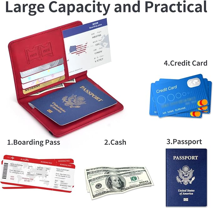 Passport Holder, Passport Cover with Credit Card Slot and Boarding Pass Slot Combo, Passport Wallet Case Book Travel Must Have, RFID Blocking Leather Travel Accessories, Red