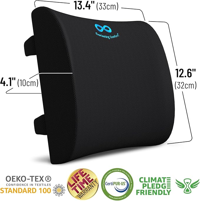 Everlasting Comfort Lumbar Support Pillow for Office Chair - Memory Foam Back Cushion for Car Seat - Promotes Better Posture, Back Pain Relief - Ideal Gaming and Desk Chairs Work and Home Essentials