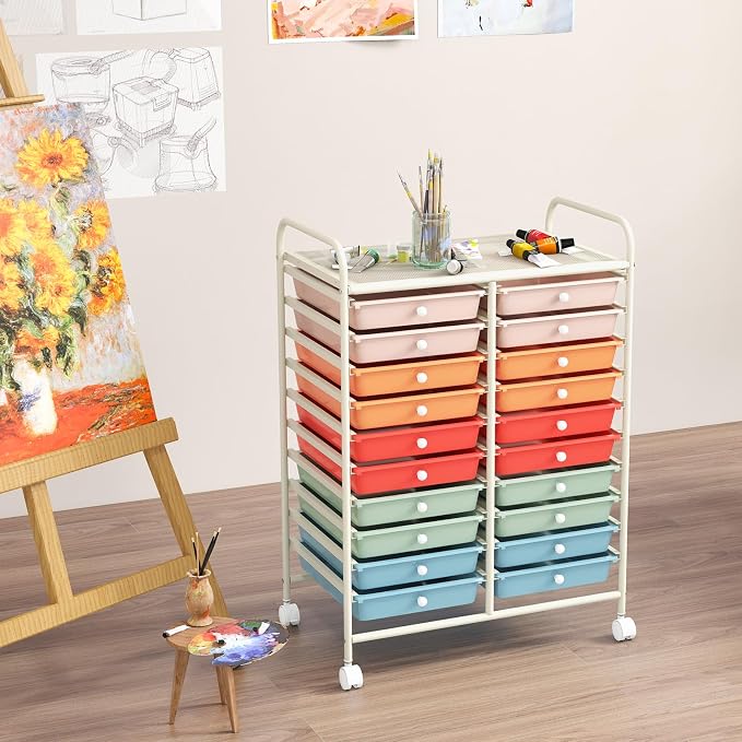 COSTWAY 20-Drawer Rolling Storage Cart, Utility Storage Organizer Cart | For Tools, Scrapbook, Paper, Craft, Multipurpose Storage Trolley on Wheels for Home Office School (Macaron)