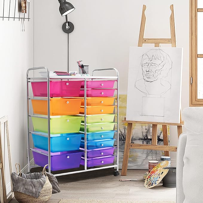 15 Drawer Rolling Storage Cart, Rolling Cart with Drawers for Classroom, Art Supply Craft Organizer on Wheel with Metal Frame & Handles for Home Office School