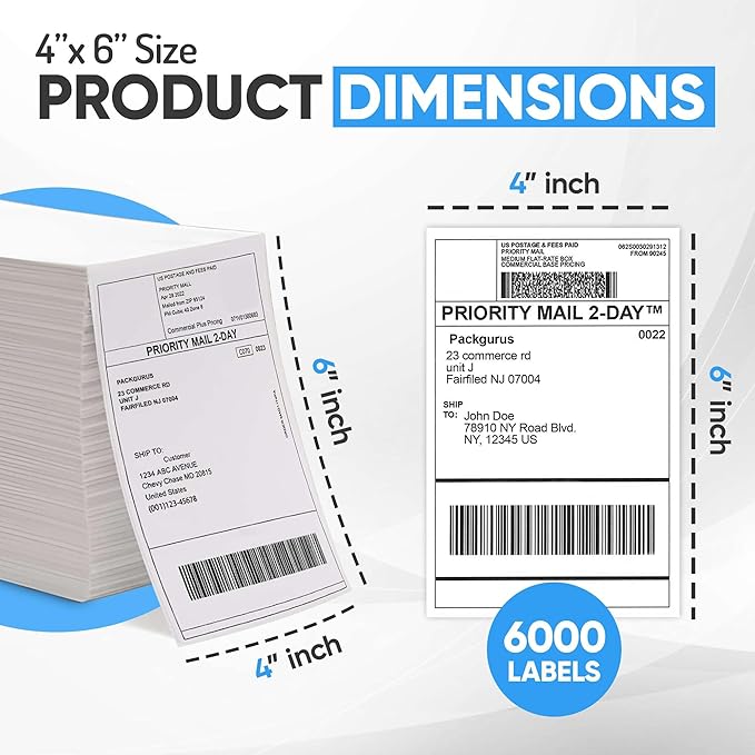 PackGurus 4"x6" Fanfold Direct Thermal Labels Commercial Shipping Label with Perforated line for Thermal Printers, Compatible with Zebra & Rollo Printer (3 Stacks - 6000 Labels)