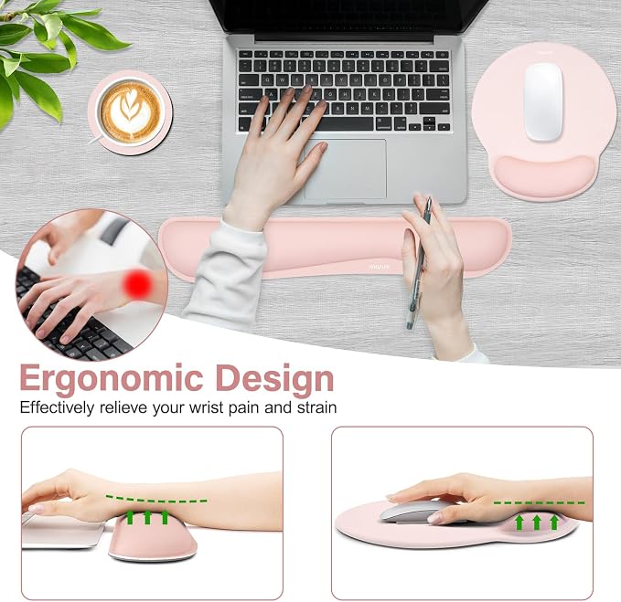 MOSISO Wrist Rest Support for Mouse Pad&Keyboard Set, Chalk Pink | Streamline Ergonomic Mousepad&Coaster Non-Slip Base Home/Office Pain Relief&Easy Typing Pad with Soft Cloth&Silicone Lining
