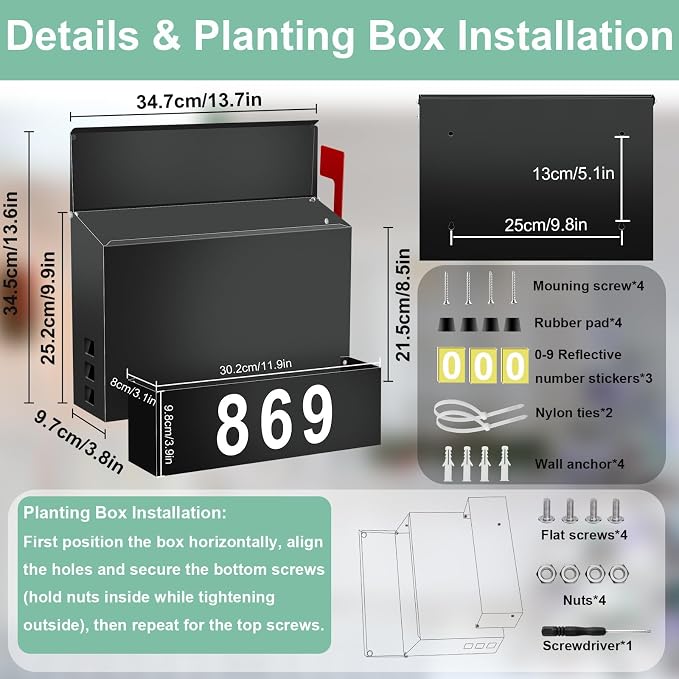 Wall-Mount Mailbox with Flag, Large Capacity Mailboxes for Outside House with Planter & 3 Sets of 0-9 Mailbox Number Stickers, Galvanized Steel Rust-Proof Post Box Metal Mail Box (Black)