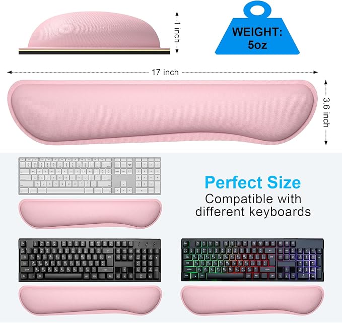 Dapesuom Enlarge Keyboard Wrist Rest, Cute Memory Foam Keyboard Wrist Cushion for Computer Desk Mats Support, Typing Pain Relief Ergonomic Mouse Pad Rests with Non-Slip Base for Gaming, Laptop, Pink