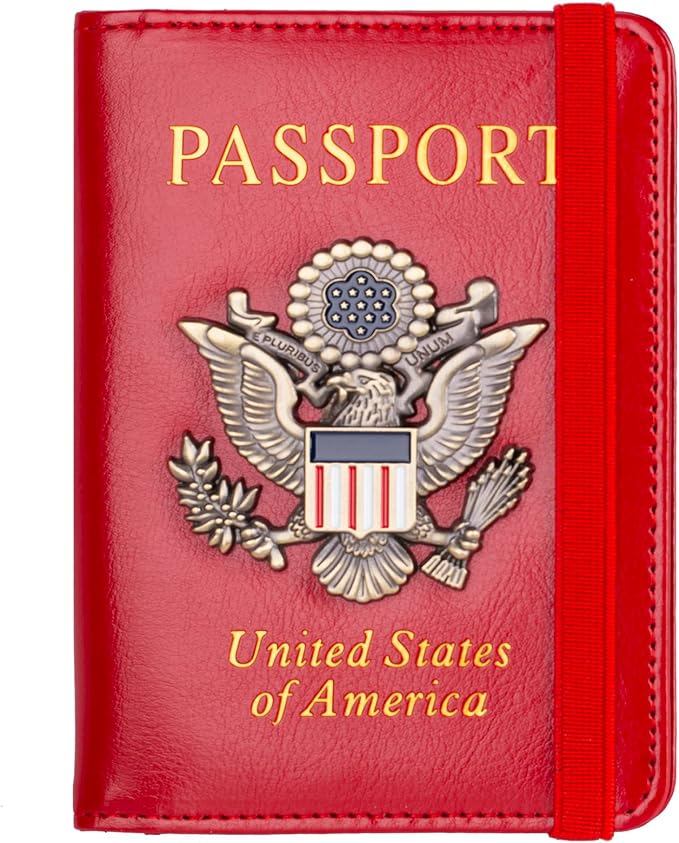 TOURSUIT RFID Blocking Passport Holder, Leather Travel Wallet, Red | Travel Document Holder Cover Accessories, 3D Metal Badge, For Women Men