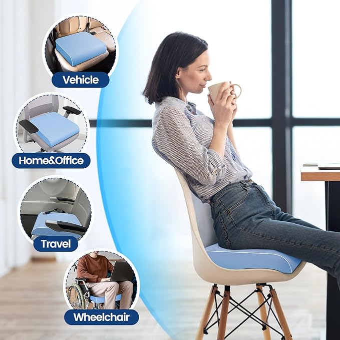 SweetSlubr Seat Cushion for Tailbone Pain Relief, Office Chair Cushion, Memory Foam Large Chair Pad with Non-Slip Cover for Soft Support at Office Chair, Car Seat, Airplane Light Blue/Large