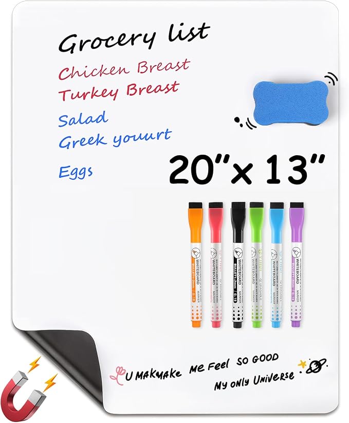 MaxGear Magnetic Dry Erase Board for Fridge, 20 x 13 Inch, Markers Included | Strong Magnetic Backing, Stain Resistant Surface, Easy to Write and Erase, Ideal for To-do Lists, Includes 6 Markers 1 Erase