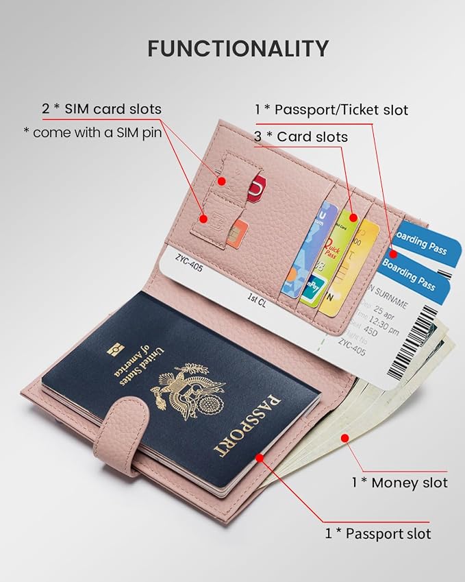 Karmiir RFID Passport Holder Travel Wallet for Women, Leather Passport Cover Wallet with Card Holders SIM Slots,Zippered Coins Pocket and Cash Slot Slim Compact Travel Wallet (Pink)