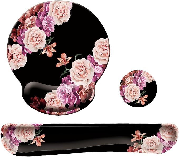 Keyboard Wrist Rest Pad Mouse Pad with Wrist Support Set of 3, Mousepad with Non-Slip Rubber Base, Ergonomic Memory Foam Mouse Wrist Cushion Support for Home Office Laptop Computer Gaming, Flowers