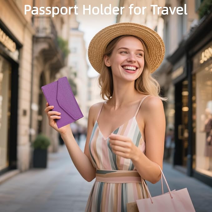 Passport Holder Travel Wallet Organizer for Women,Aubergine Purple | RFID secure, 6 card slots, 32 sim pockets, passport holder with zip-around wallet, slim fit for women travelers.