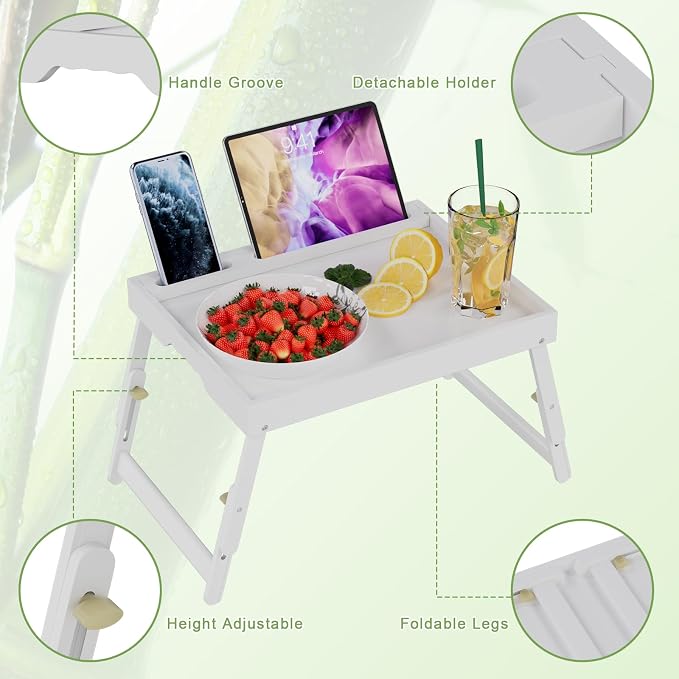 Artmeer Adjustable Bamboo Bed Tray Table with Device Slot, Large, White | Adjustable FSC-certified bamboo bed tray with device slot, folding legs and handles for meals, laptops and reading in bed.