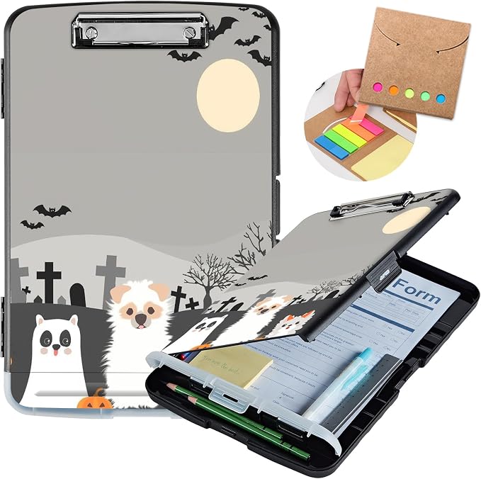 Clipboard with Storage,Storage Clipboard with Pen Holder,Heavy Duty Plastic Storage Clipboard with Low Profile Clip,Teacher Must Haves,Clipboard Folder,Office Supplies,Cute Dog -1365