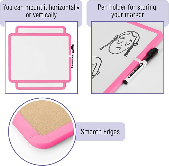 Mr. Pen- Dry Erase Board, 14” x 11” with a Black Dry Erase Marker | Light Coral Frame, Small Mini White Board for Students, Fridge, Wall, Locker, Includes Double Sided Tapes