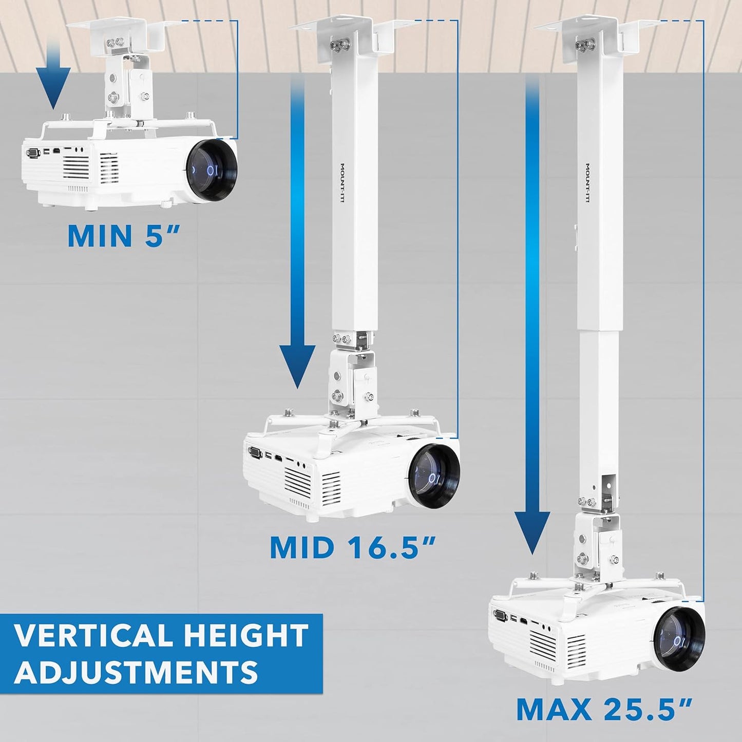 Mount-It! Wall or Ceiling Projector Mount with Universal LCD/DLP Mounting for Epson, Optoma, Benq, ViewSonic Projectors, 44lb Load Capacity, White