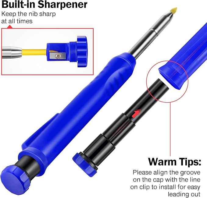 Hiboom 2 Pack Carpenter Pencils with Pencil Cap and 18 Refills, Blue | Mechanical Pencil, Deep Hole Marking, Built-In Sharpener, Long Nose Tip, Pocket Clip, Marks Many Surfaces, Woodworking Use