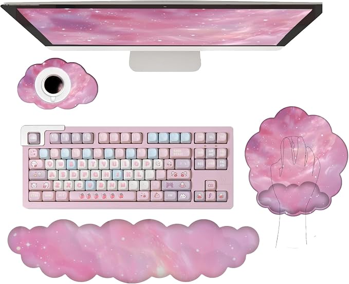 Cloud Keyboard Wrist Rest Galaxy Mouse Pad with Wrist Rest Ergonomic Space Wrist Pad Memory Foam Non-Slip Wrist Support for Computer Laptop Gaming Home Office Relief Typing Pain Pink Stars