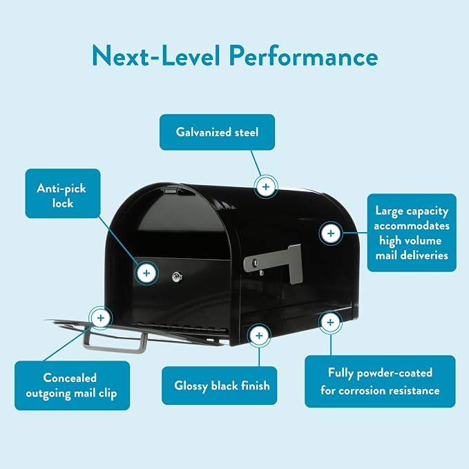 Architectural Mailboxes Reliant Locking Post Mount Mailbox, Black, Large | Galvanized steel build with concealed secure lock and key and a magnetic door closure. USPS approved. Includes 2 keys.