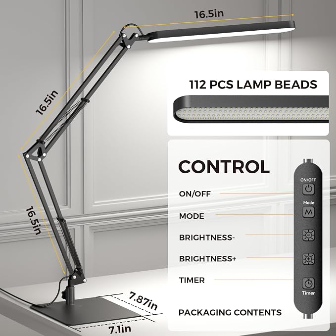 LED Desk Lamp with Slim Base - Adjustable Swing Arm Desk Light, Dimmable, Timer, Eye Protection, Memory Function, 1300LM, 12W, Black