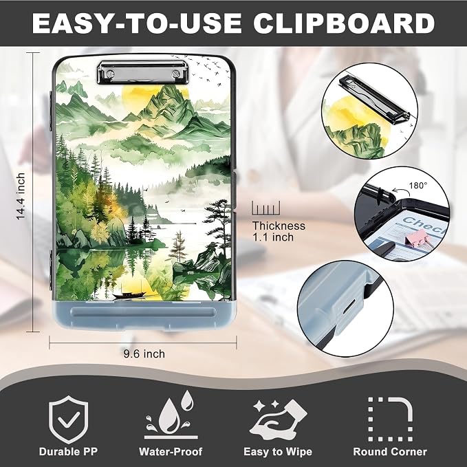 Clipboard with Storage,Storage Clipboard with Pen Holder,Heavy Duty Plastic Storage Clipboard with Low Profile Clip,Teacher Must Haves,Clipboard Folder,Office Supplies,Forest and Lake -1360