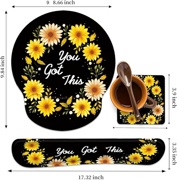 Keyboard Wrist Rest and Mouse Wrist Rest Pad with Cup Coaster,Made of Memory Foam,Ergonomic Support,Easy-Typing and Pain Relief,for Gaming Office Home Computer,You Got This Sunflower